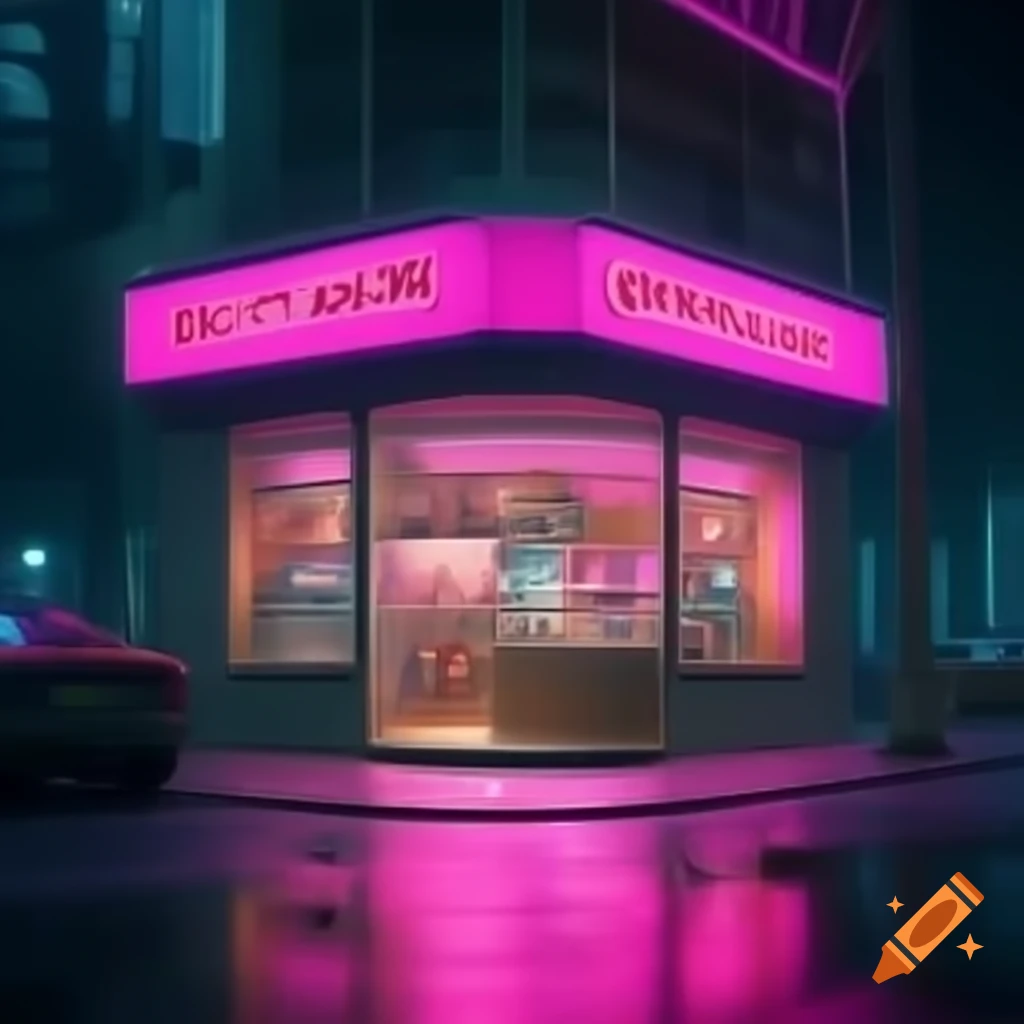 AI technology store in vibrant pink neon city