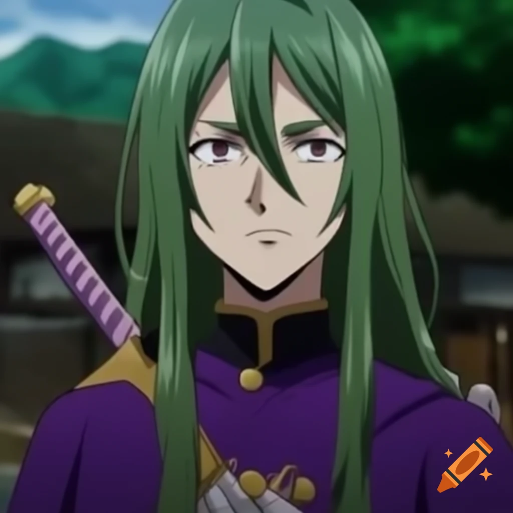 Serious anime man with long green hair holding sword, wearing purple and gold robe