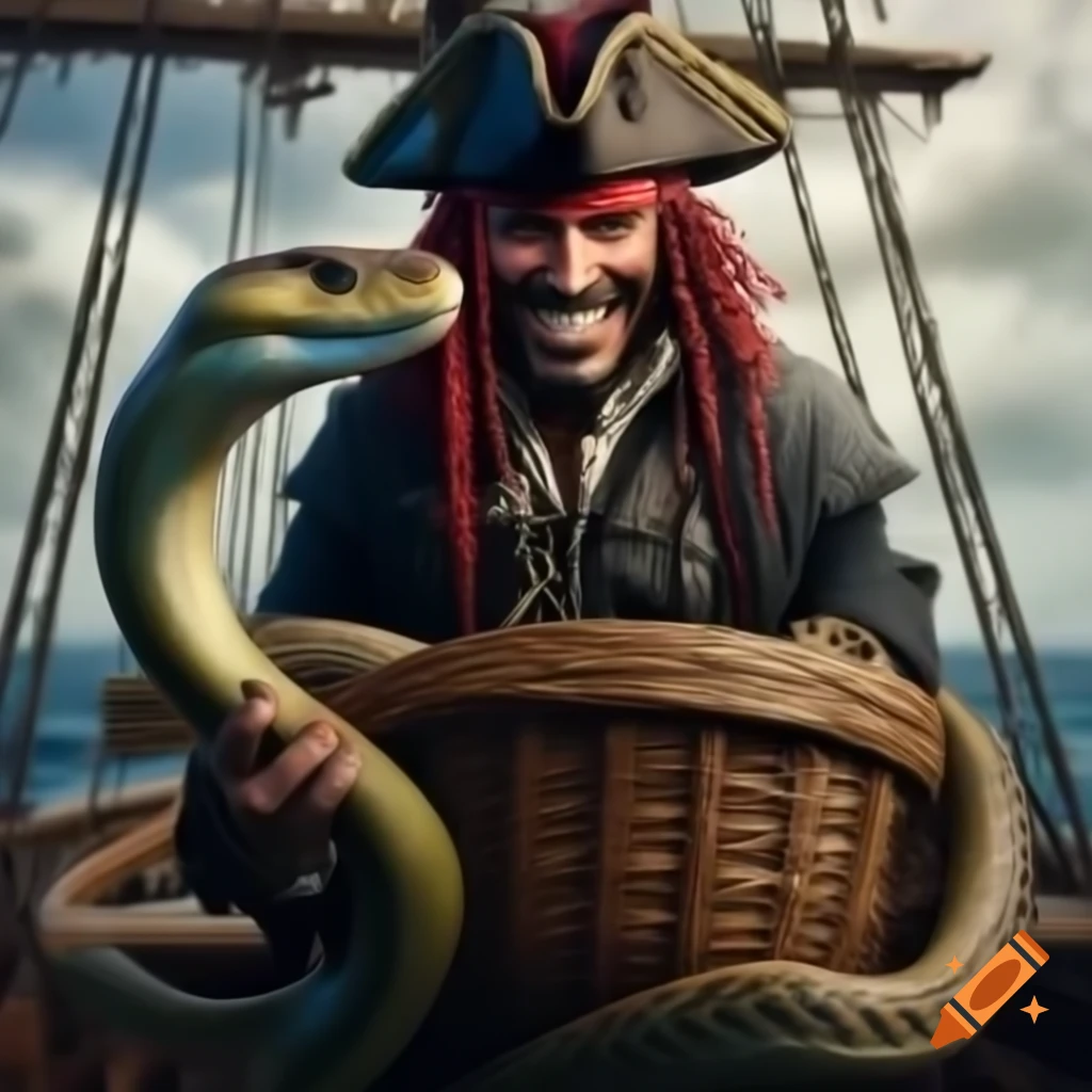 Pirate grinning with snake biting his face on ship