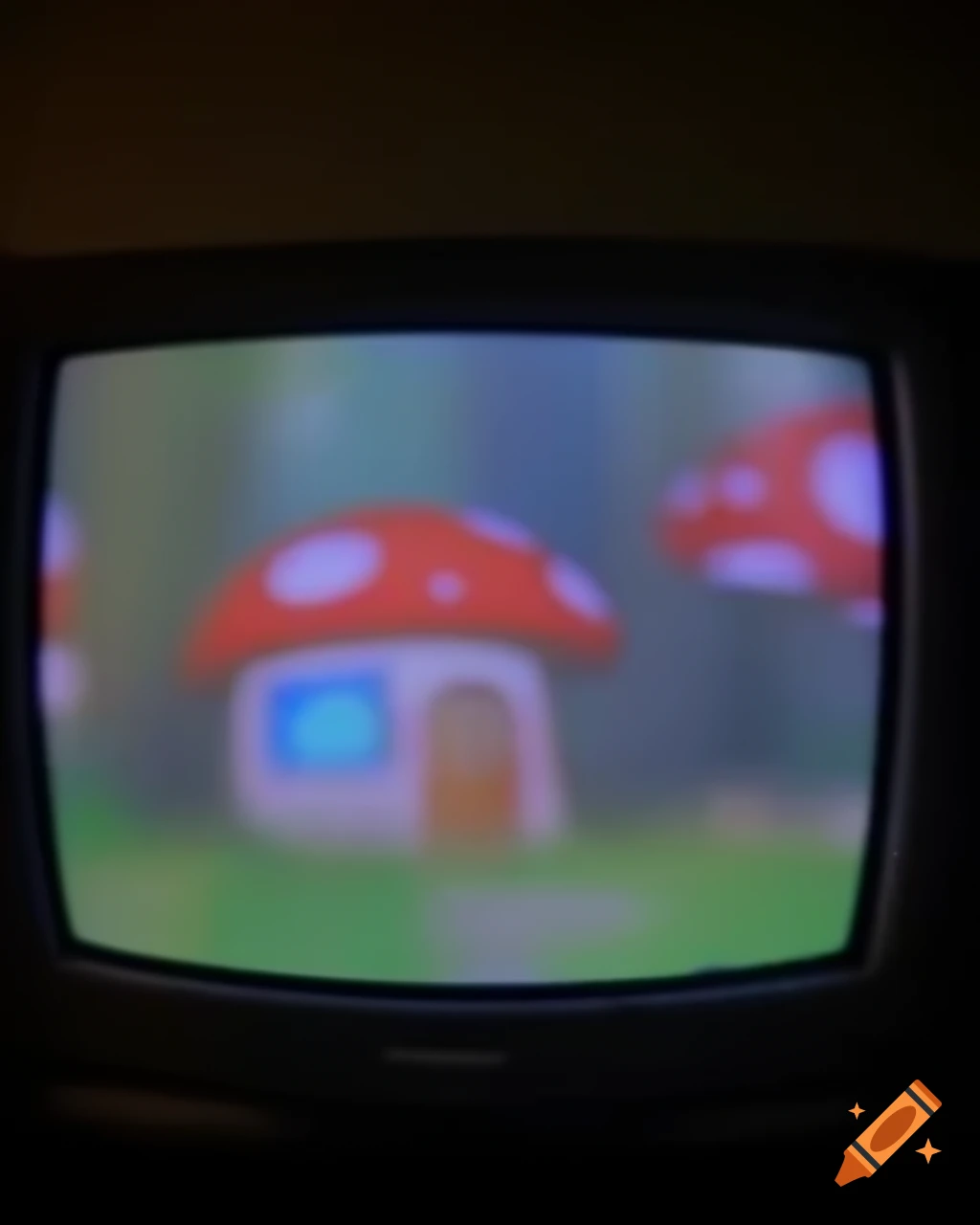 Blurry old TV and monitor with CRT effect featuring a mushroom house