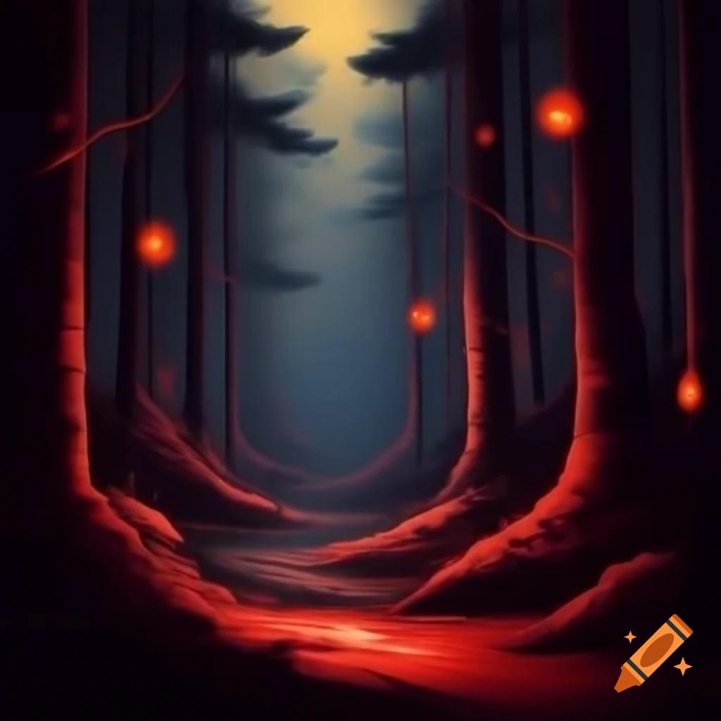 Dark cherry forest with glowing yellow eyes