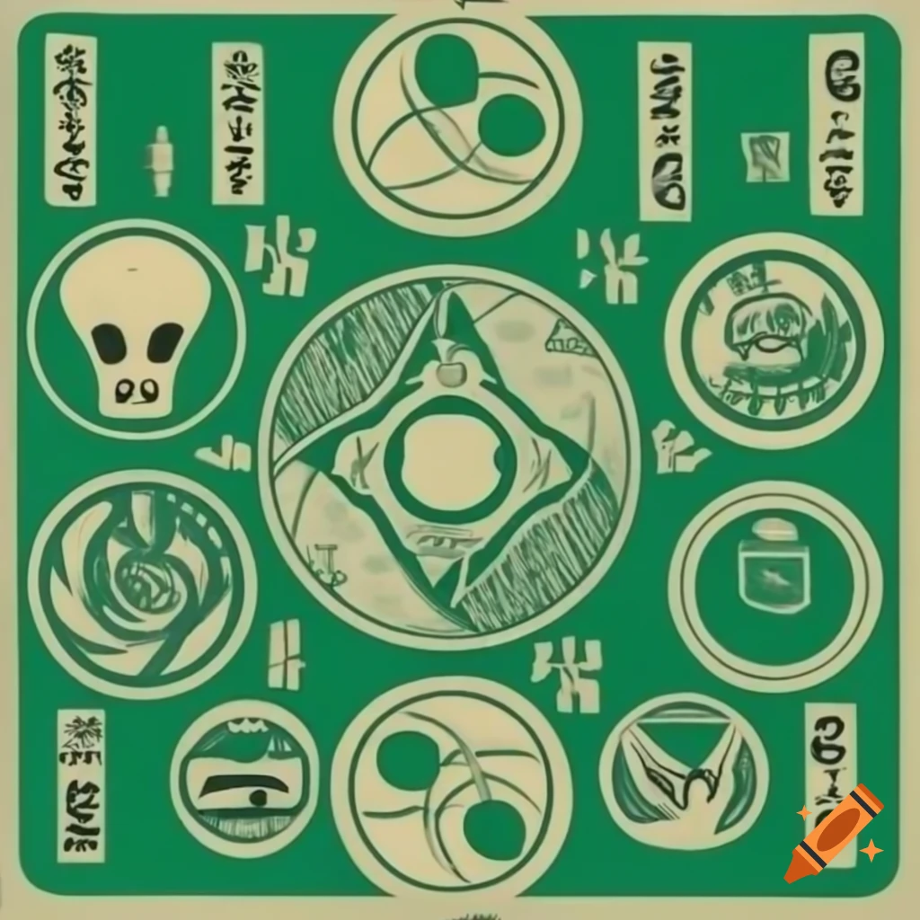 Alien symbols and glyphs on ancient green paper in futuristic style on