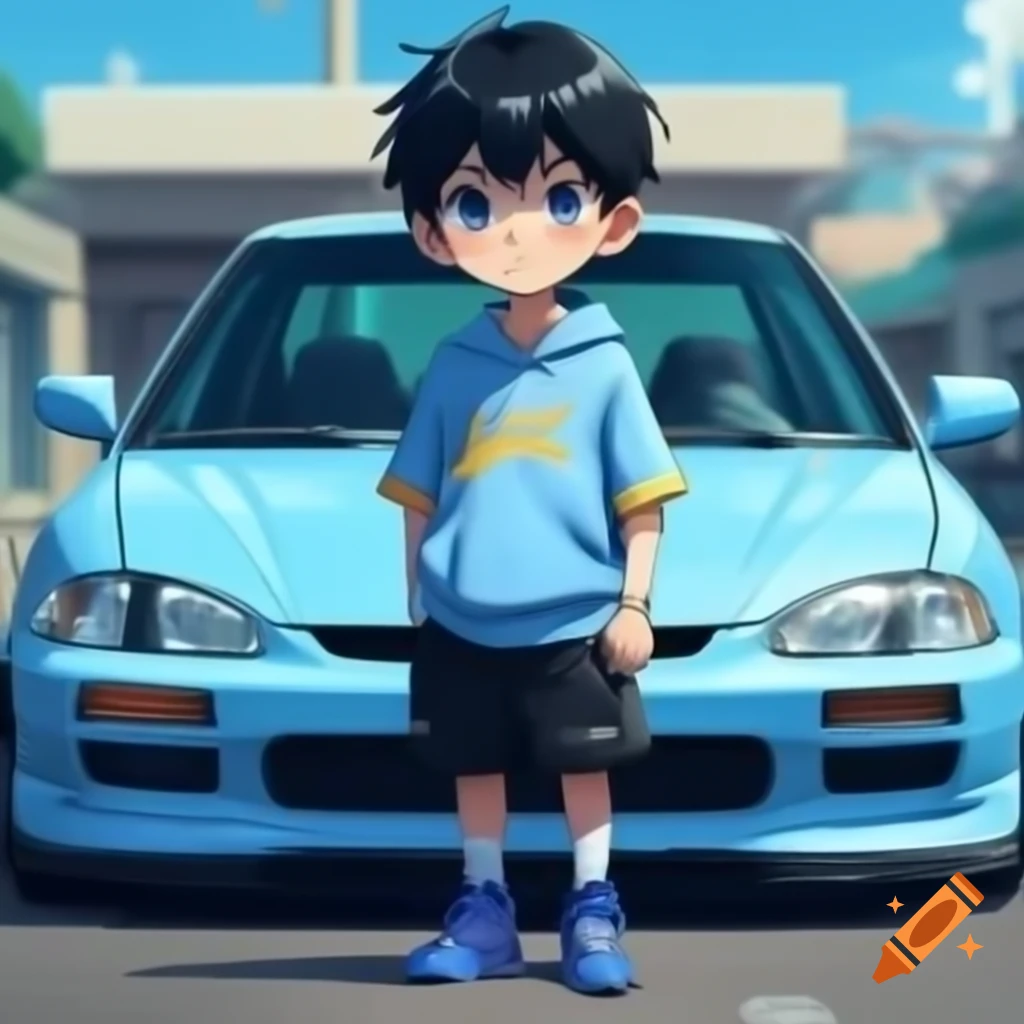 Anime boy with black hair and blue eyes in front of Honda Civic hatchback, wearing Jordan 1 sneakers