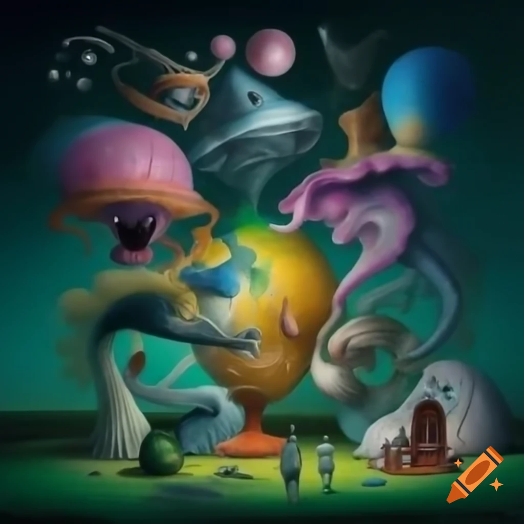 Surrealist composition with various fantastic elements