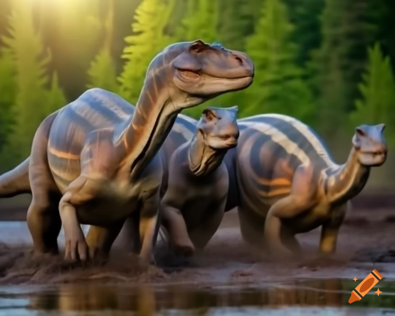 Trio of brown and grey striped hadrosaurus by muddy lake bank in British Columbia