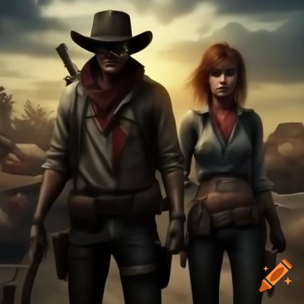 Outlaws Carlos and Rose equipped with gear in zombie apocalyptic world beside motorbike