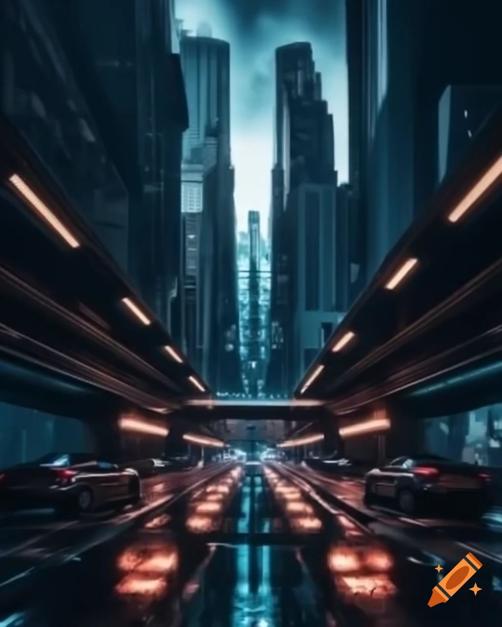 Futuristic cyberpunk cityscape with towering skyscrapers of concrete and steel