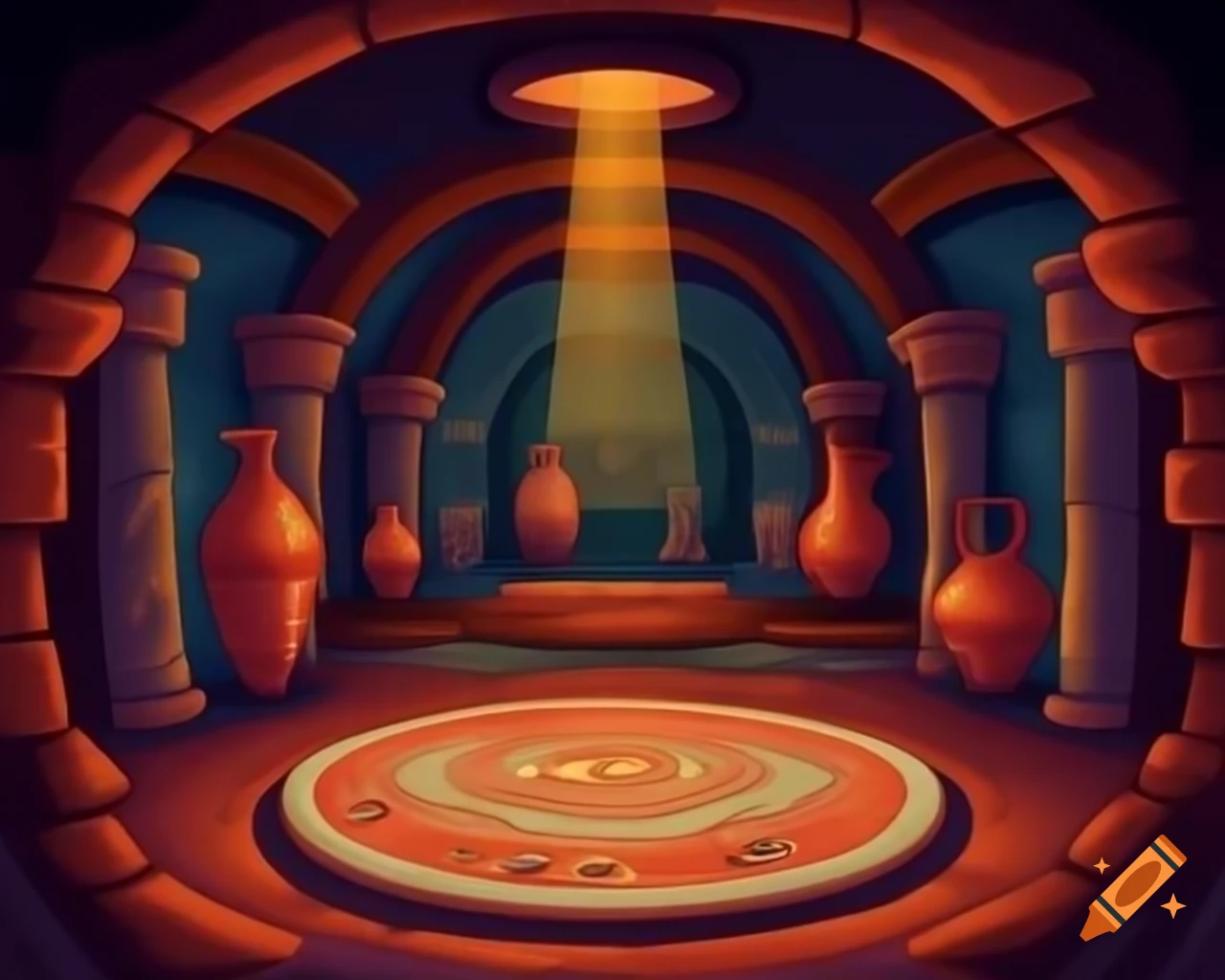 Cartoon style circular room in underground gallery with arched ceilings and stone pillars