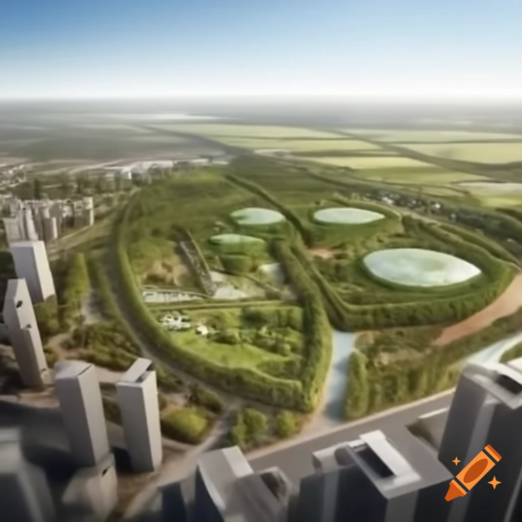 Environmentally friendly city with green buildings and surrounding parks