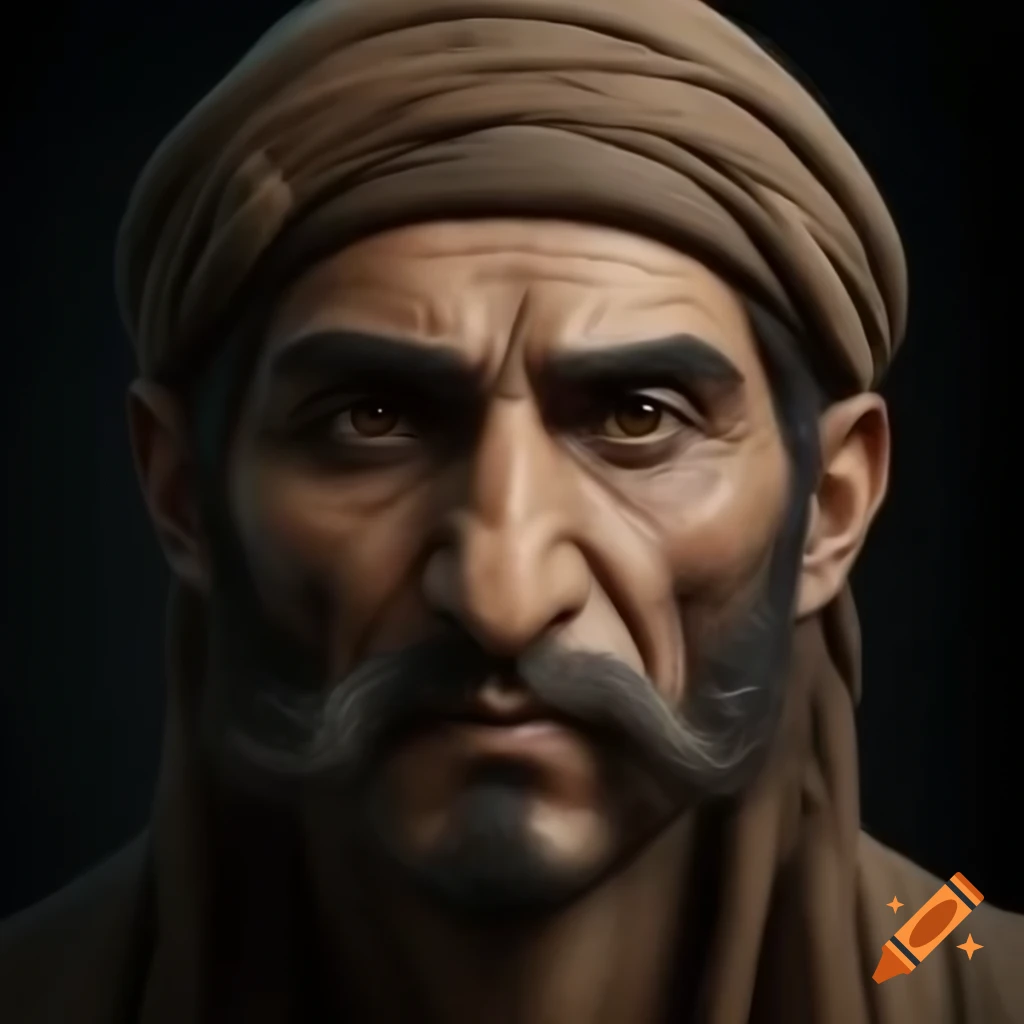 Realistic portrait of Ancient Arabic Merchant with hawk nose and wispy moustache
