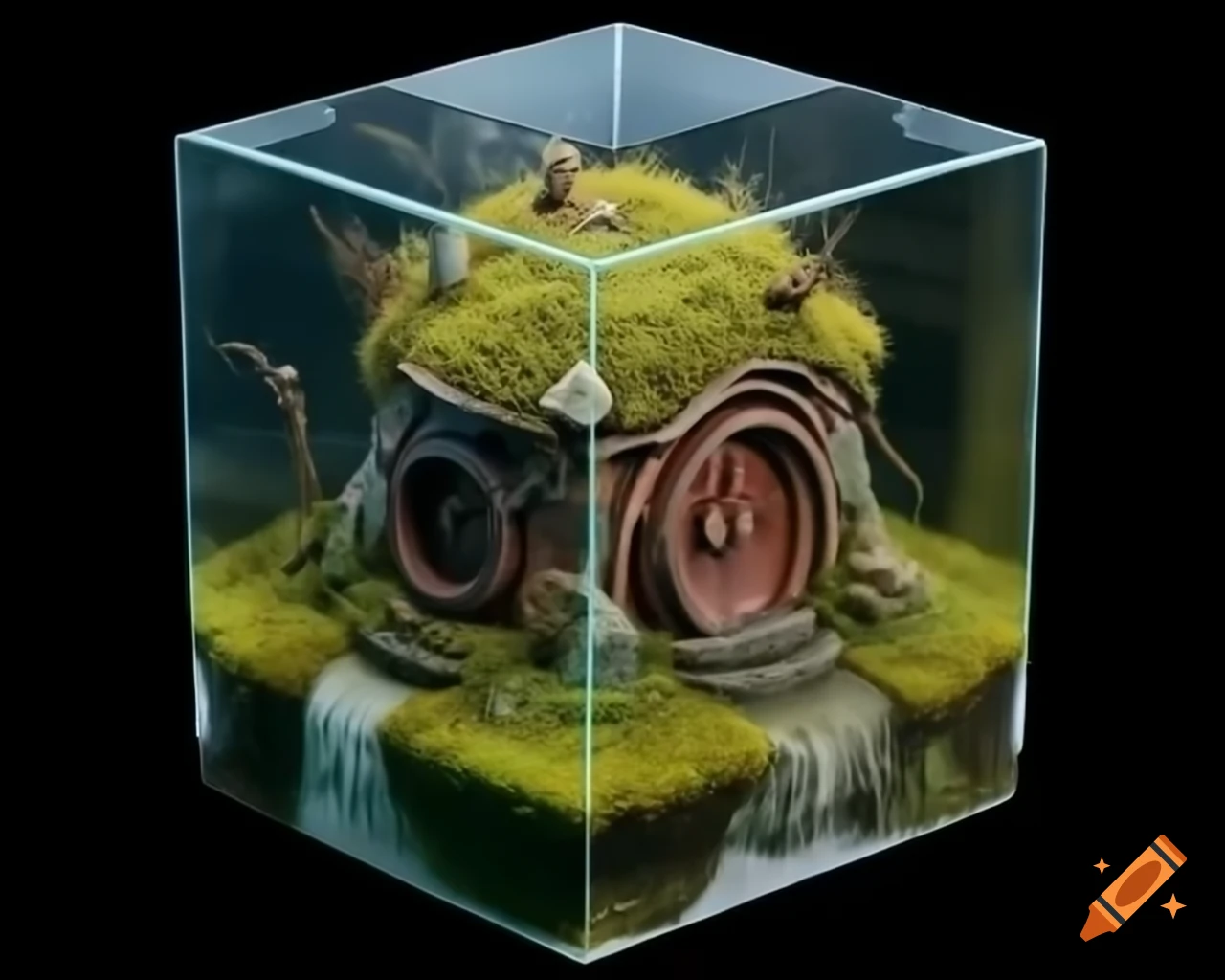 Resin diorama of post-apocalyptic hobbit house with mossy water