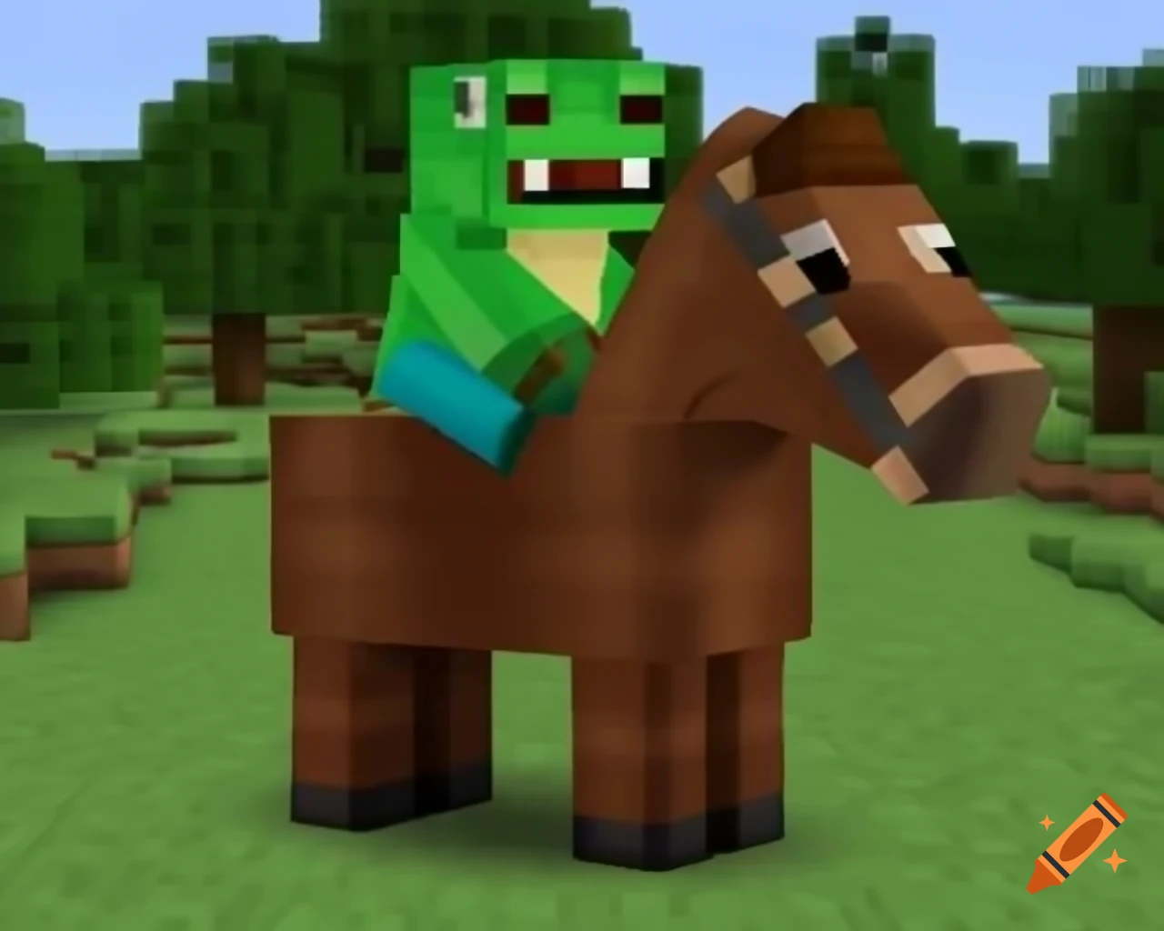 Frog riding a horse in Minecraft game environment