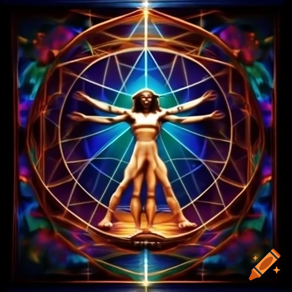 3D hyper-realistic New York City Vitruvian man inspired by sacred geometry and psychedelic visuals