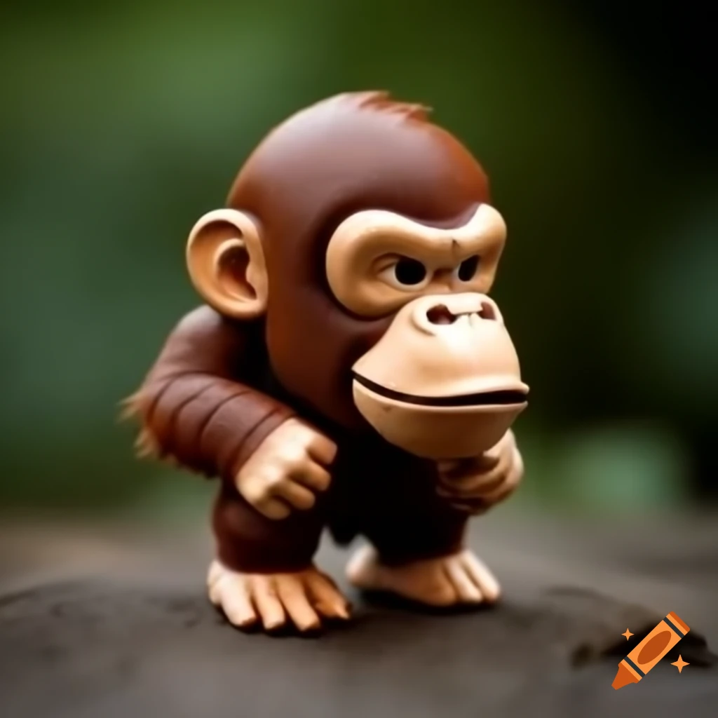 Tiny wood bark human wearing a plastic Donkey Kong mask, realistic style