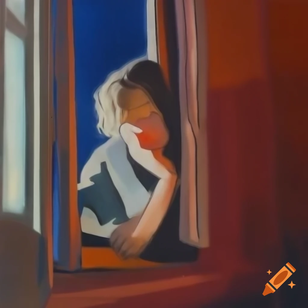 Exterior view of house with person leaning out the window, pulp art style