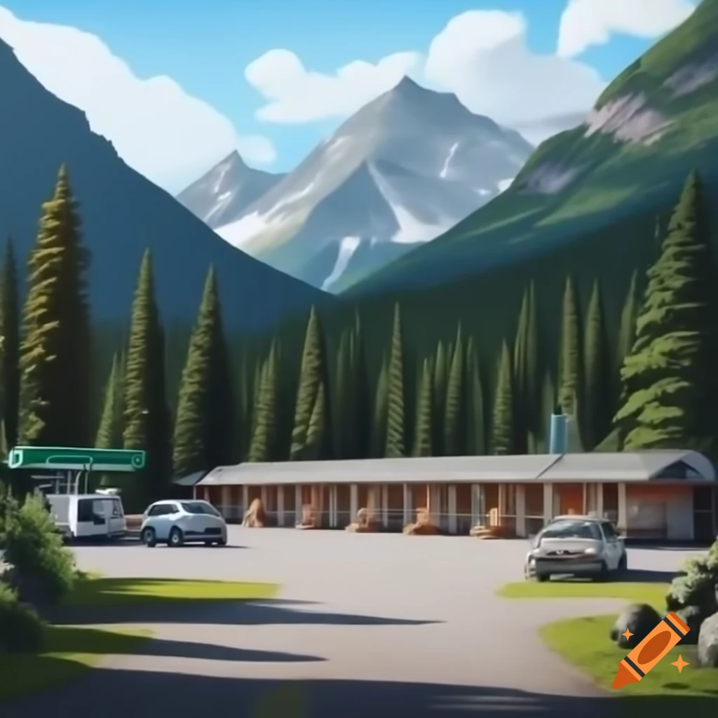 Motel in mountains and forest with cars, people, and gas station in 4k resolution