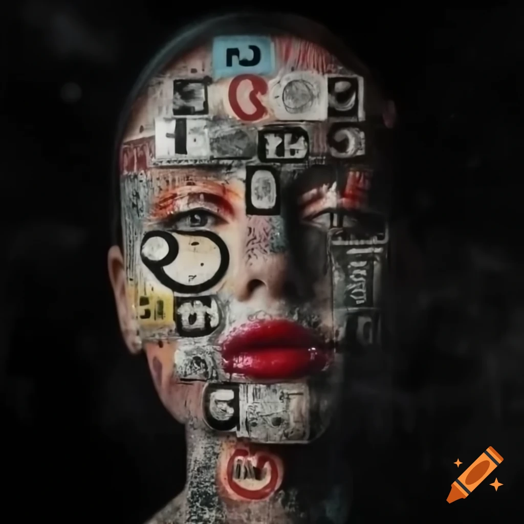 Neo-pop surreal portrait with text and numbers in spraypaint and grunge aesthetic