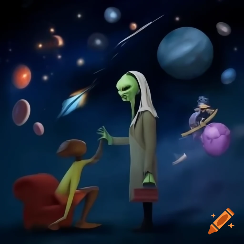 Surreal cosmic scene with aliens, amphitheater, and dream imagery