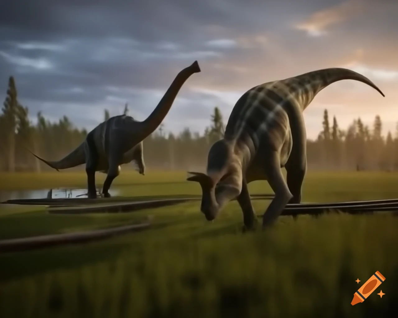Cinnamon and grey striped hadrosaurs in marshland during golden hour