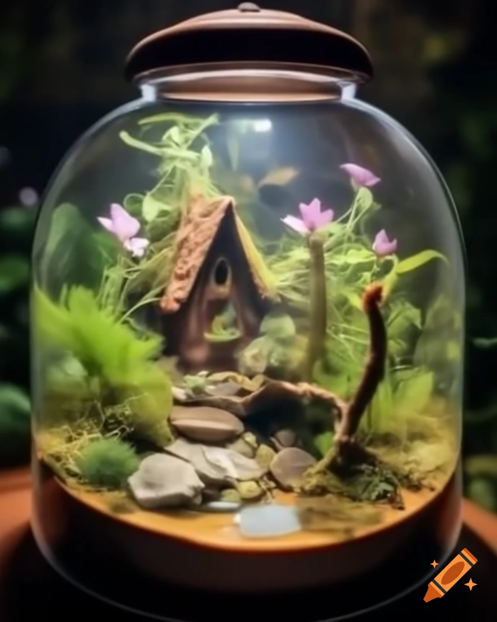 Diorama terrarium featuring fairy house and water puddle