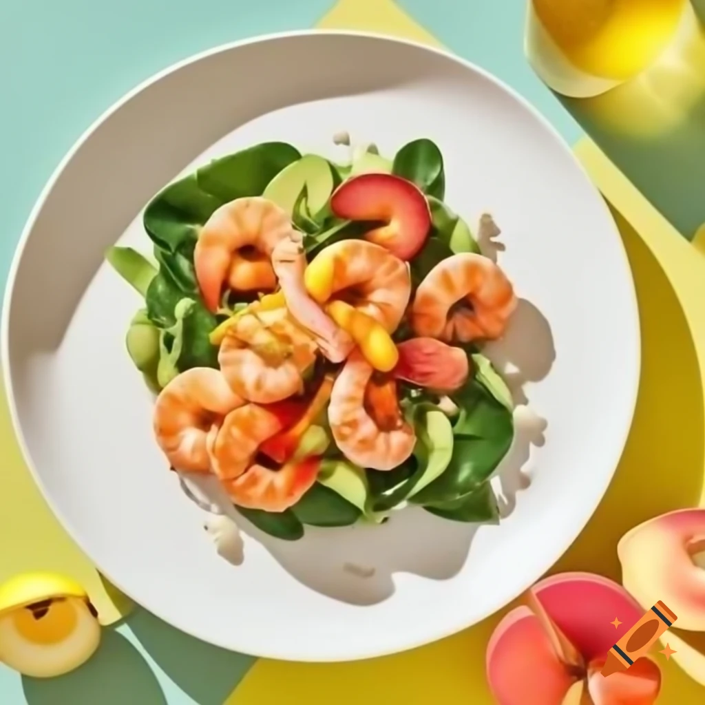Vibrant spicy shrimp salad with peach, avocado, and baby spinach