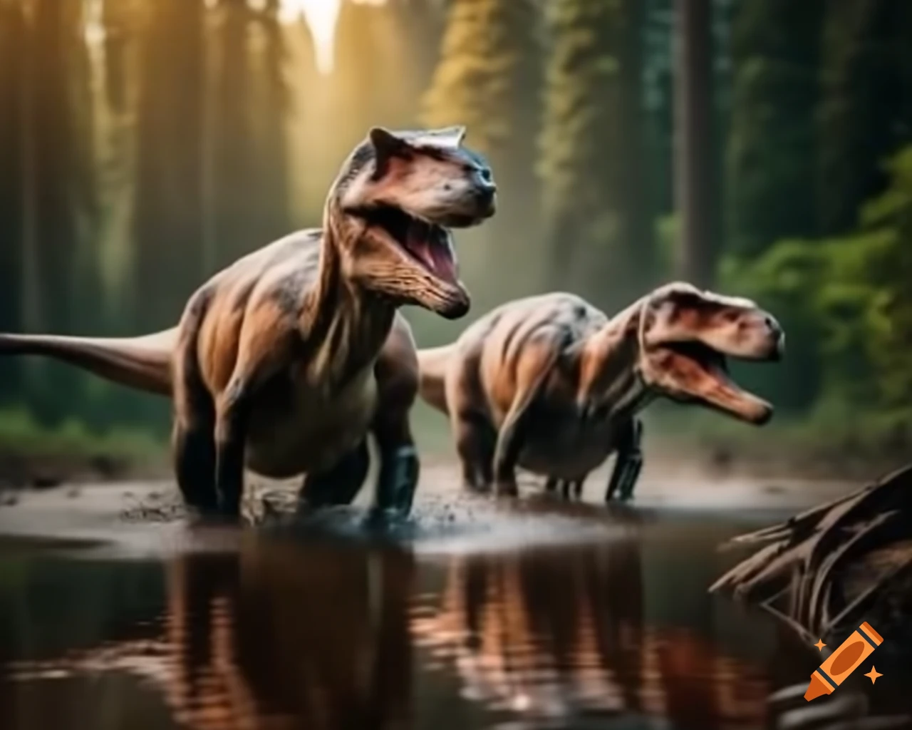 Hadrosaurus dinosaurs walking along muddy lake bank in British Columbia