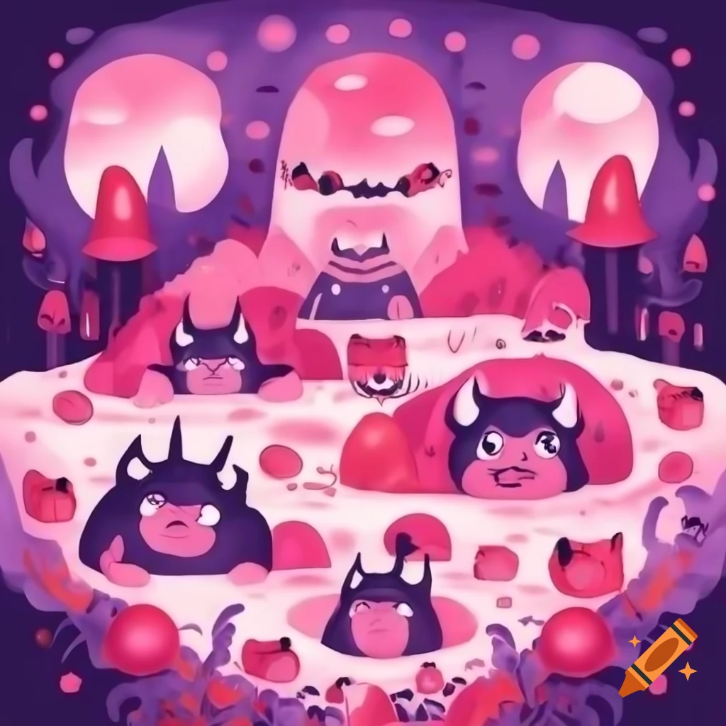 Cute devil horned kittens in pink and purple themed hell scenery, anime style