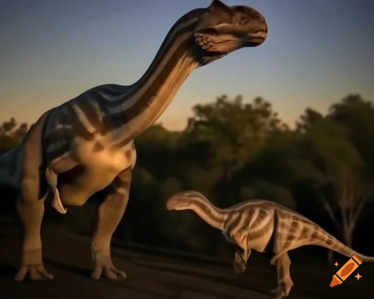 Brown and grey striped hadrosaurus in a bush-covered plain during golden hour
