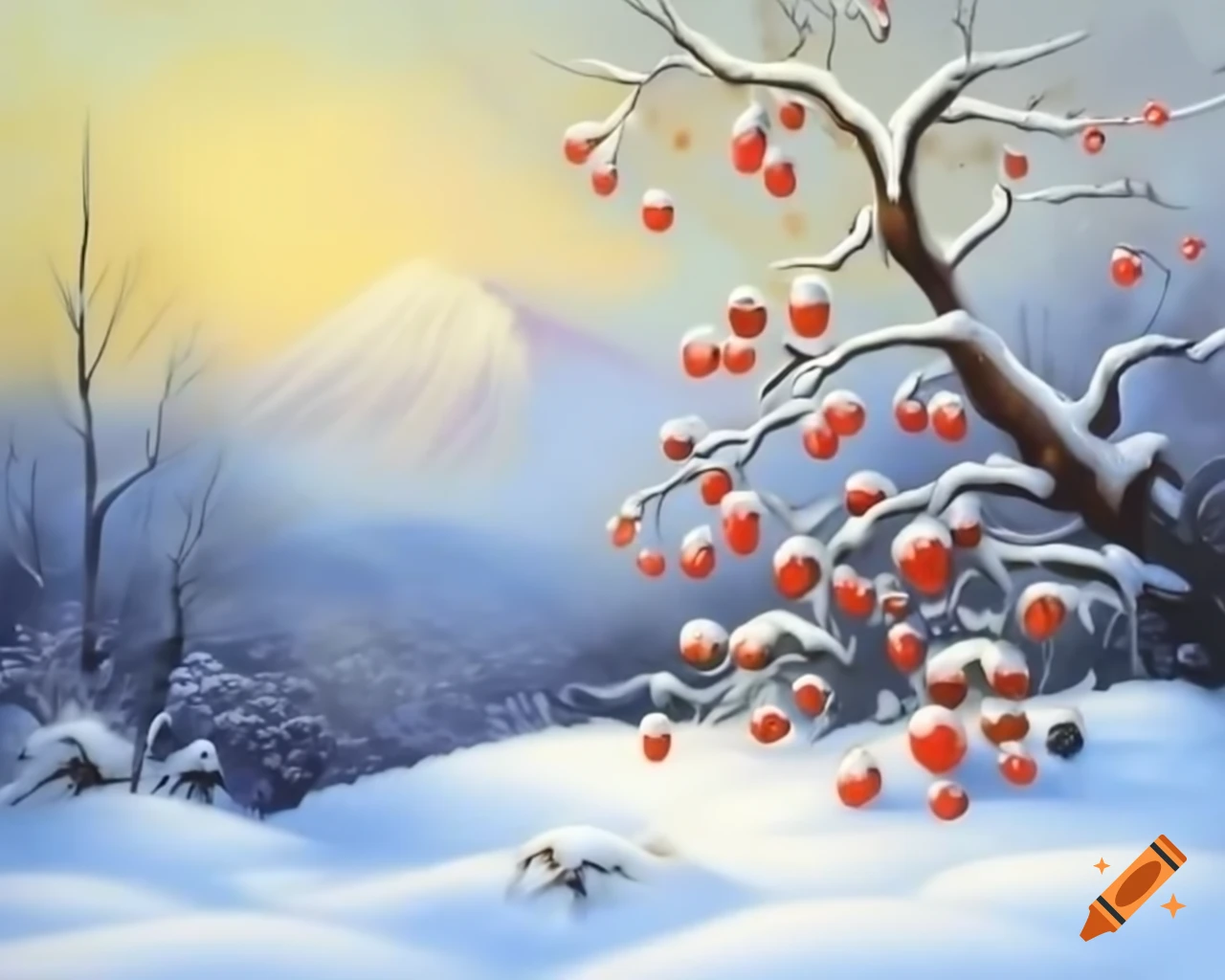 Winter landscape featuring snow-covered berries in the foreground