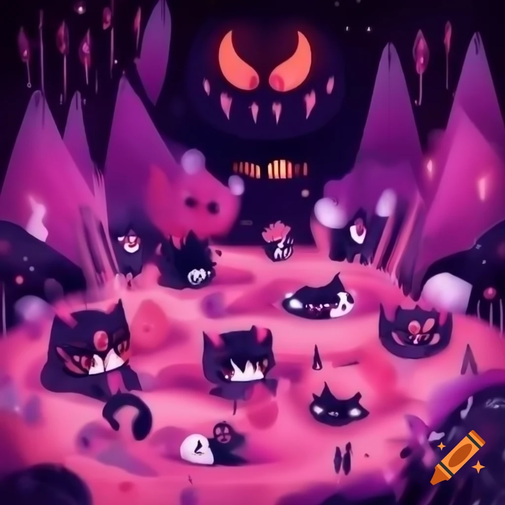 Cute devil horned kittens in pink and purple themed hell, anime style