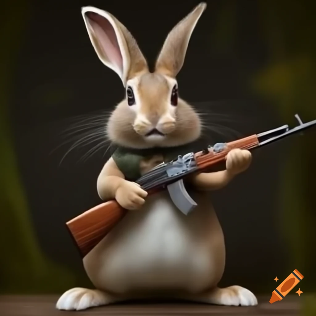 Full body of a mean-looking rabbit holding an AK-47