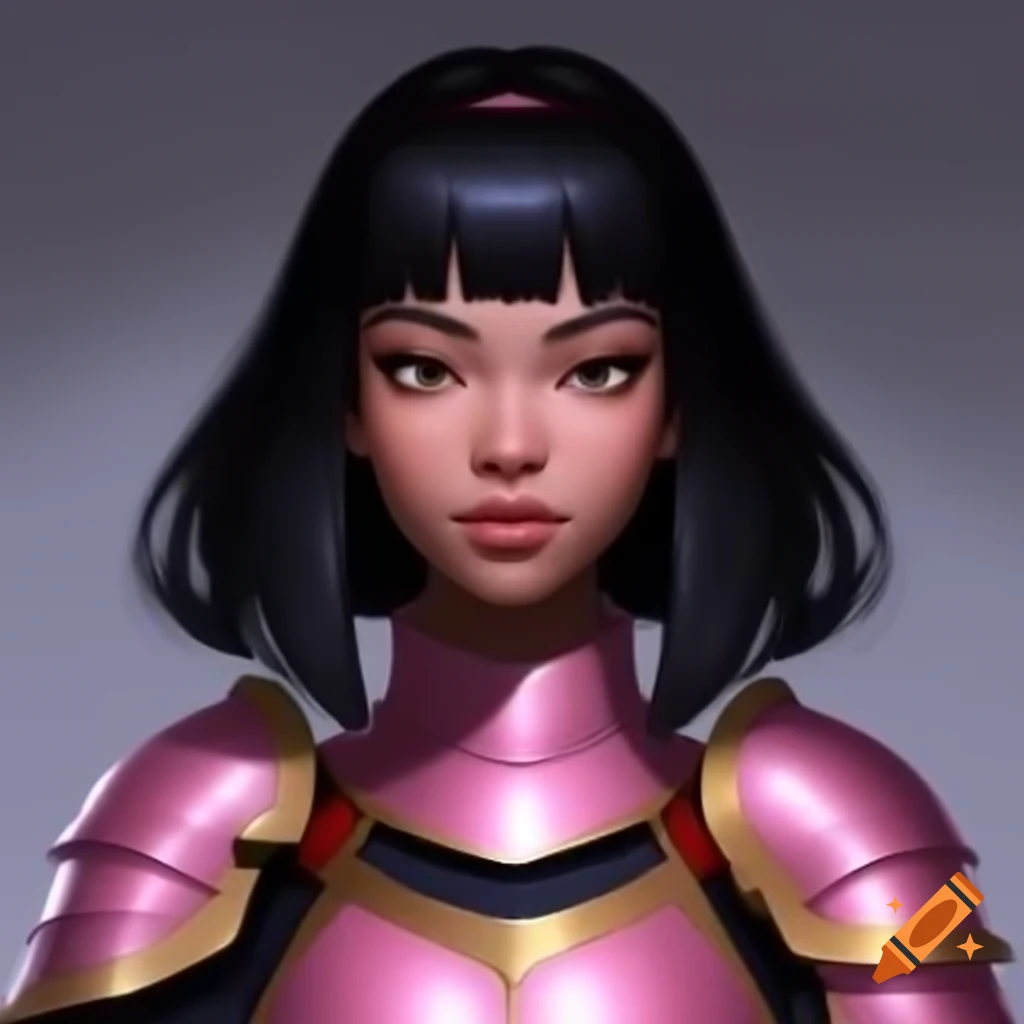 Character in pink rose armor with black hair