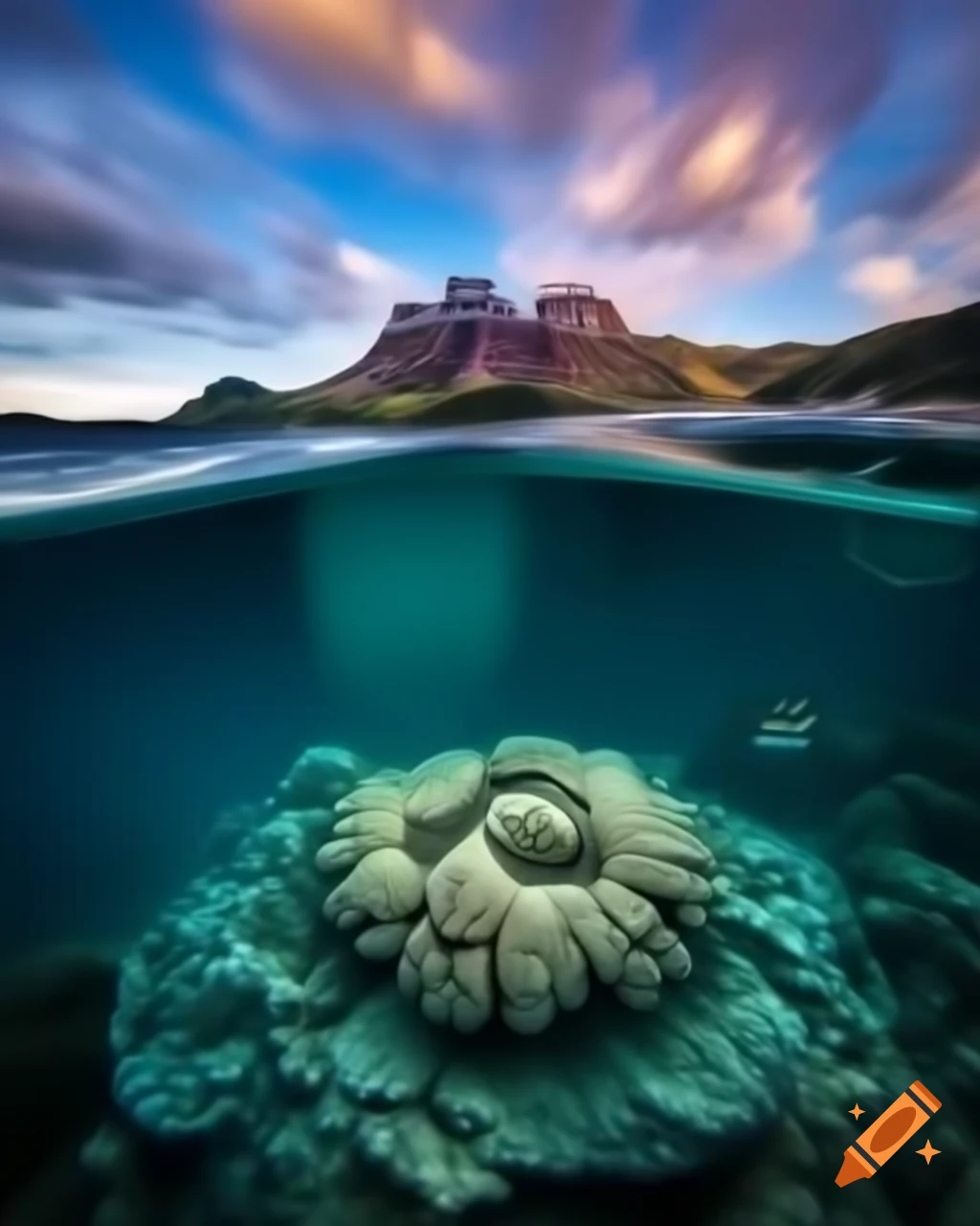 Mystical saltwater mountain lake in ocean with colorful fish and coral