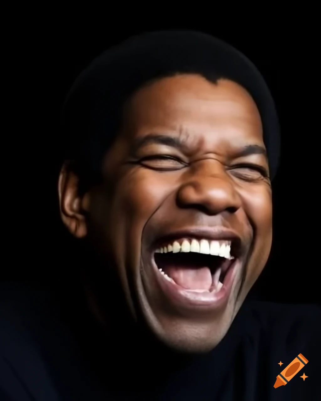 Laughing disembodied head of Denzel Washington on black background