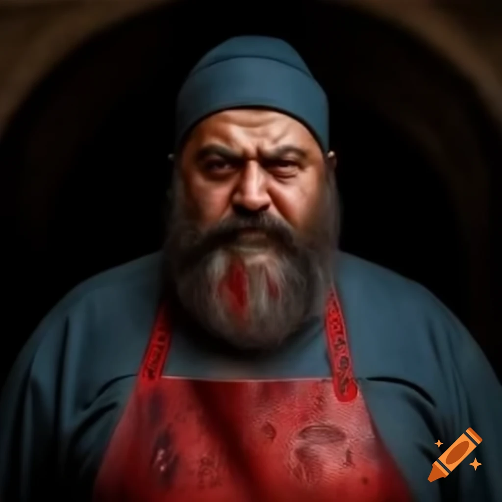 Buff man in bloody apron, possibly depicting a dramatic scene