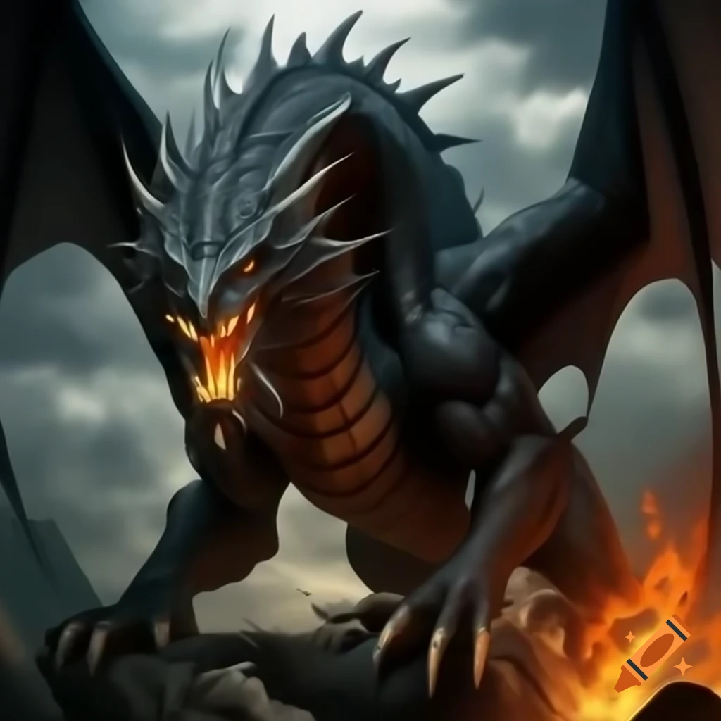 Black dragon with morningstar tail and golden eyes battling white dragon spitting blue fire