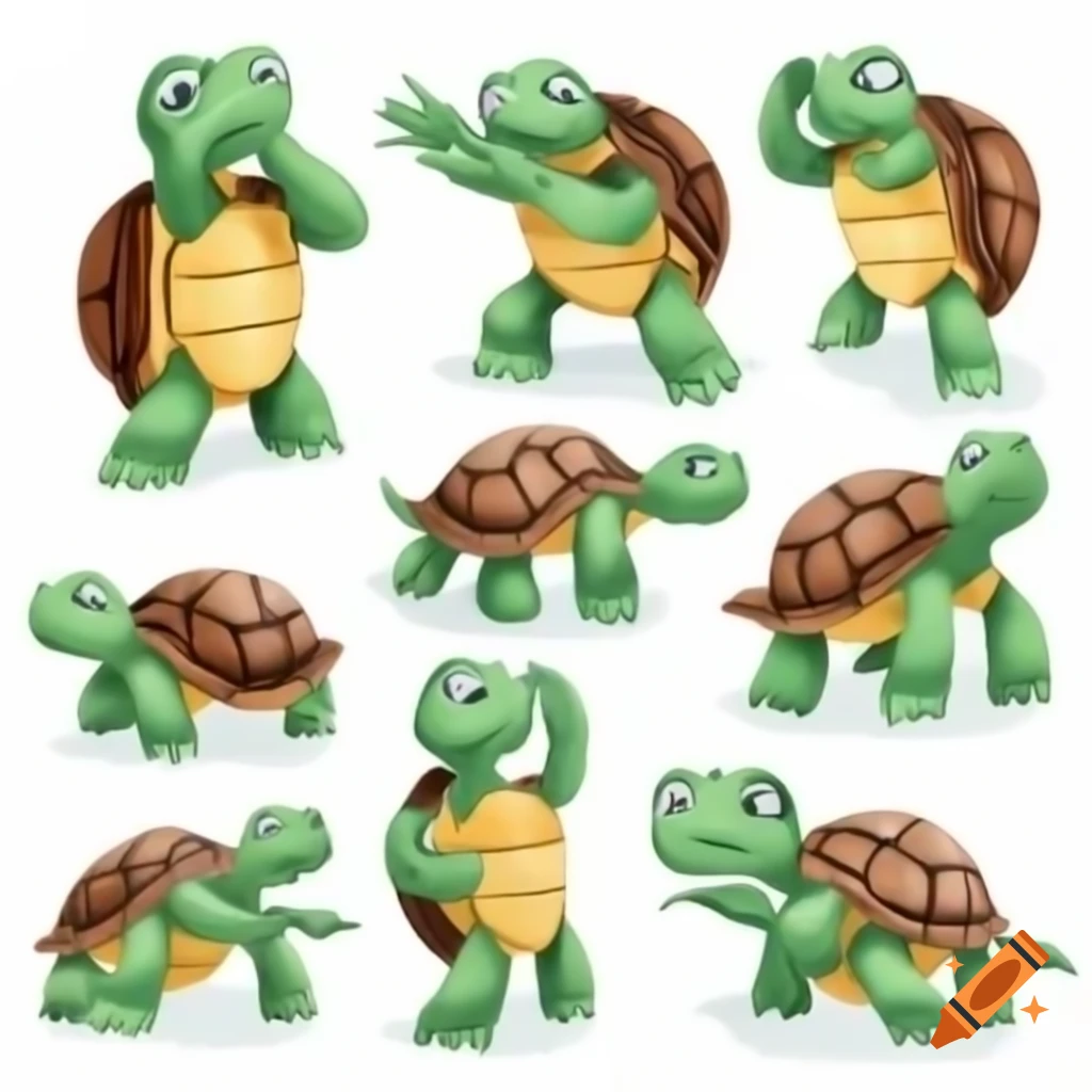 Tommy the turtle character sheet with various poses and expressions in Pixar style