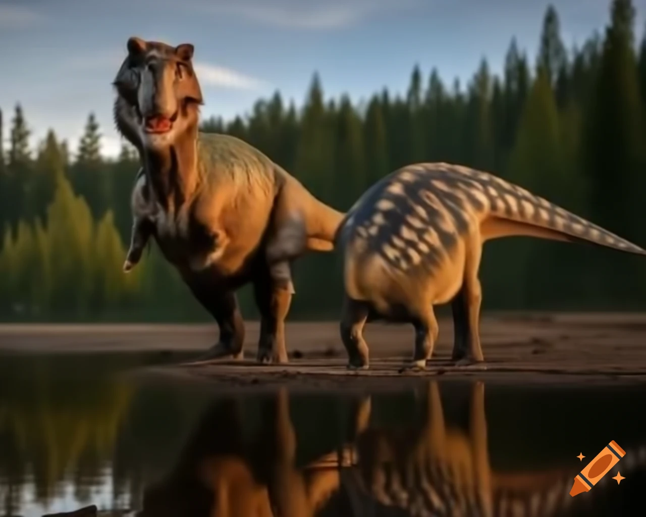 Brown and grey striped hadrosaurus by muddy lakebank in British Columbia