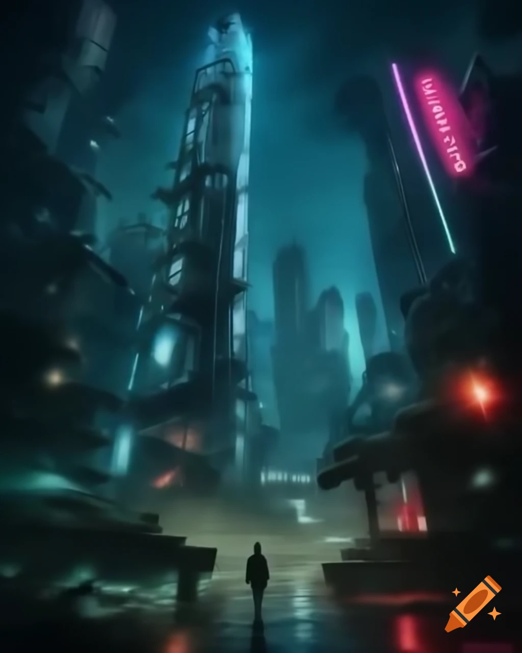Surreal Biopunk cityscape depicting fusion of technology and biology