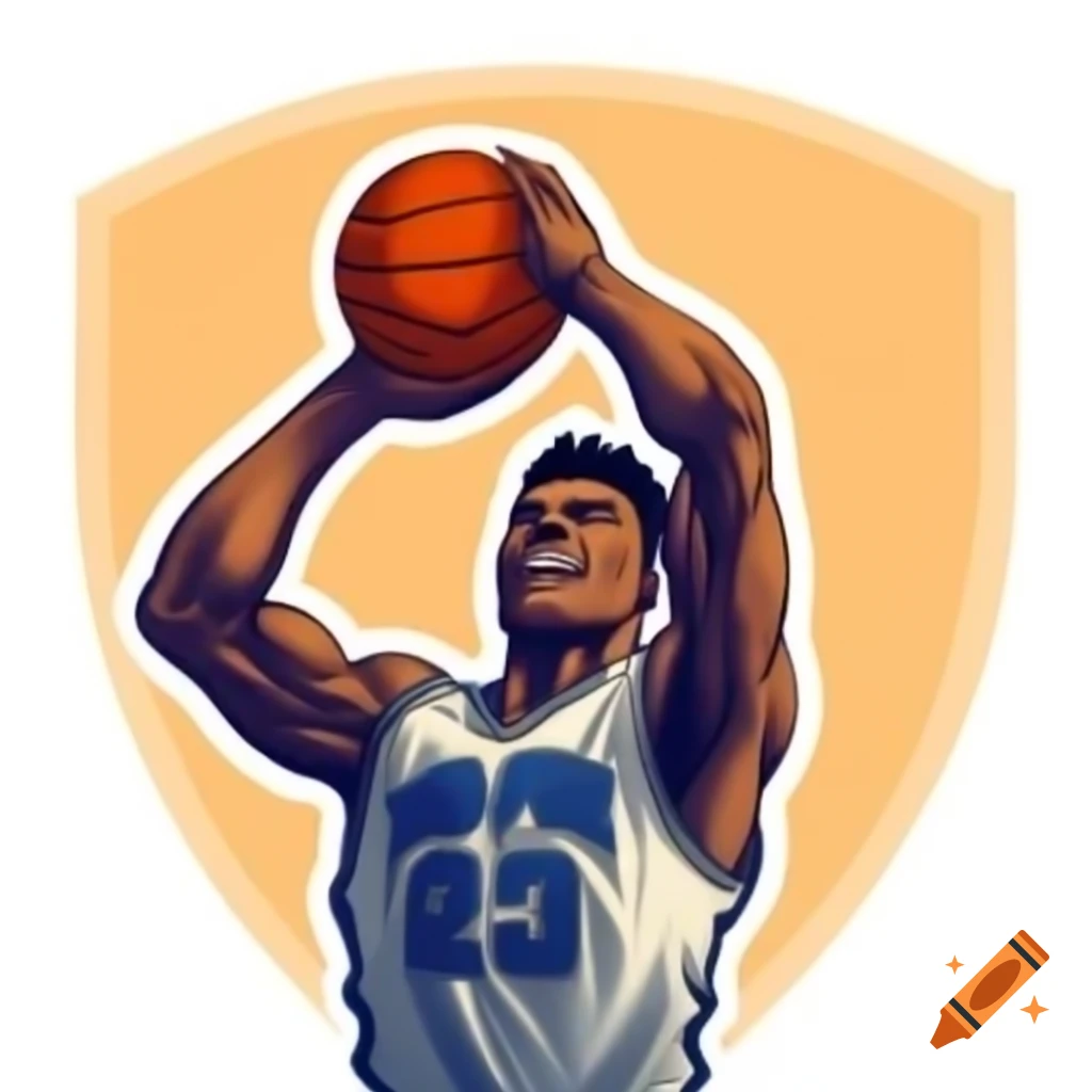 Muscular titan shooting basketball in front of citadel illustration