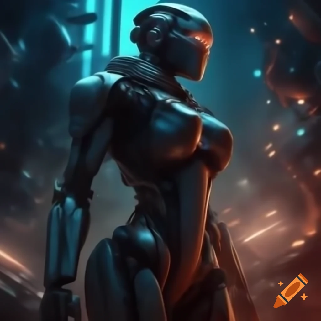 Cyborg warrior in high-tech battlefield with vibrant blue and black colors