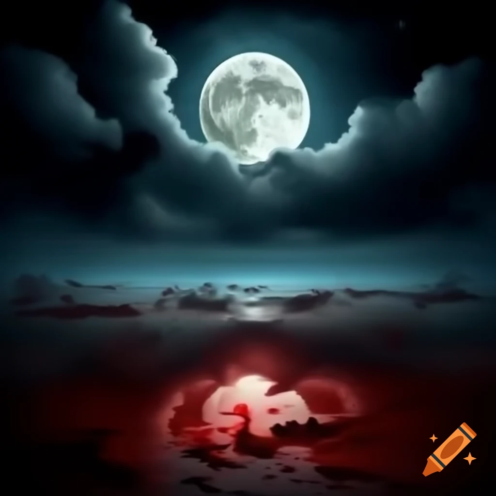 Full moon with one half glowing white and the other half with a blood-red hue