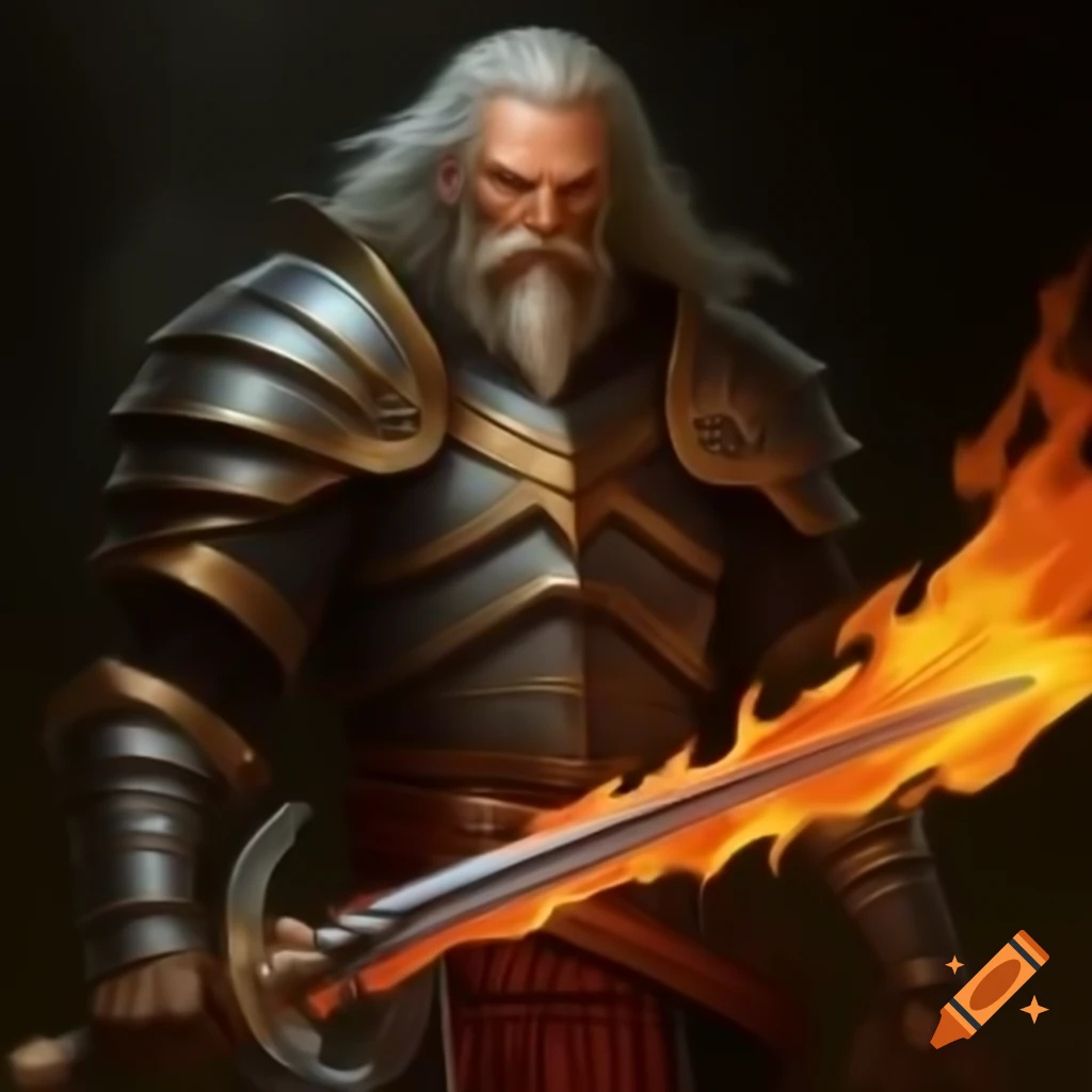 Warrior with flame sword and light armor