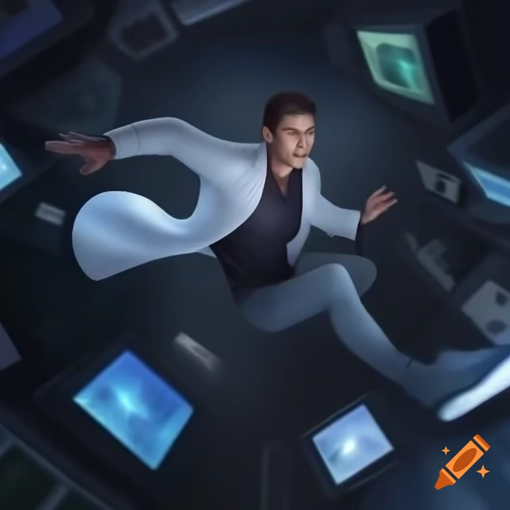 Man in lab coat flying in deep space with computers and technology