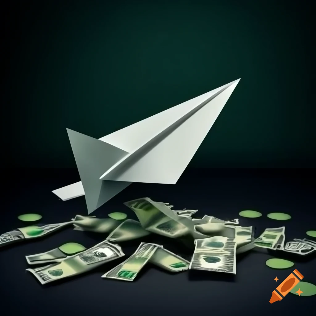 Origami airplane made of dollar bills on dark background, symbolizing financial journey