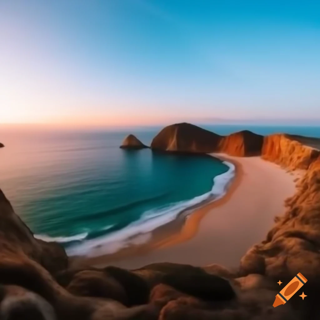 Romantic island in ocean at sunrise with sandy beaches and cliffs, artistic rendering