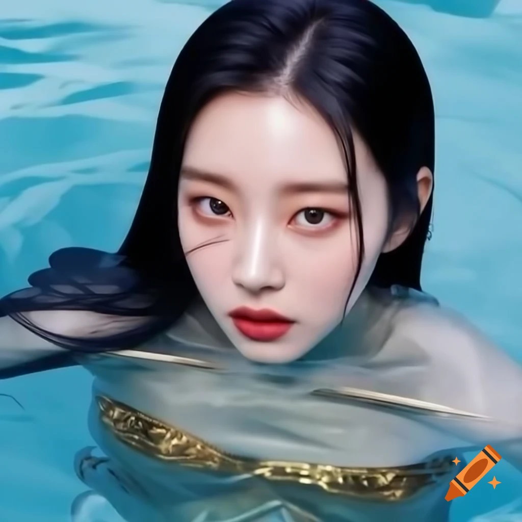 Korean woman taking selfie before swimming in shimmering pool