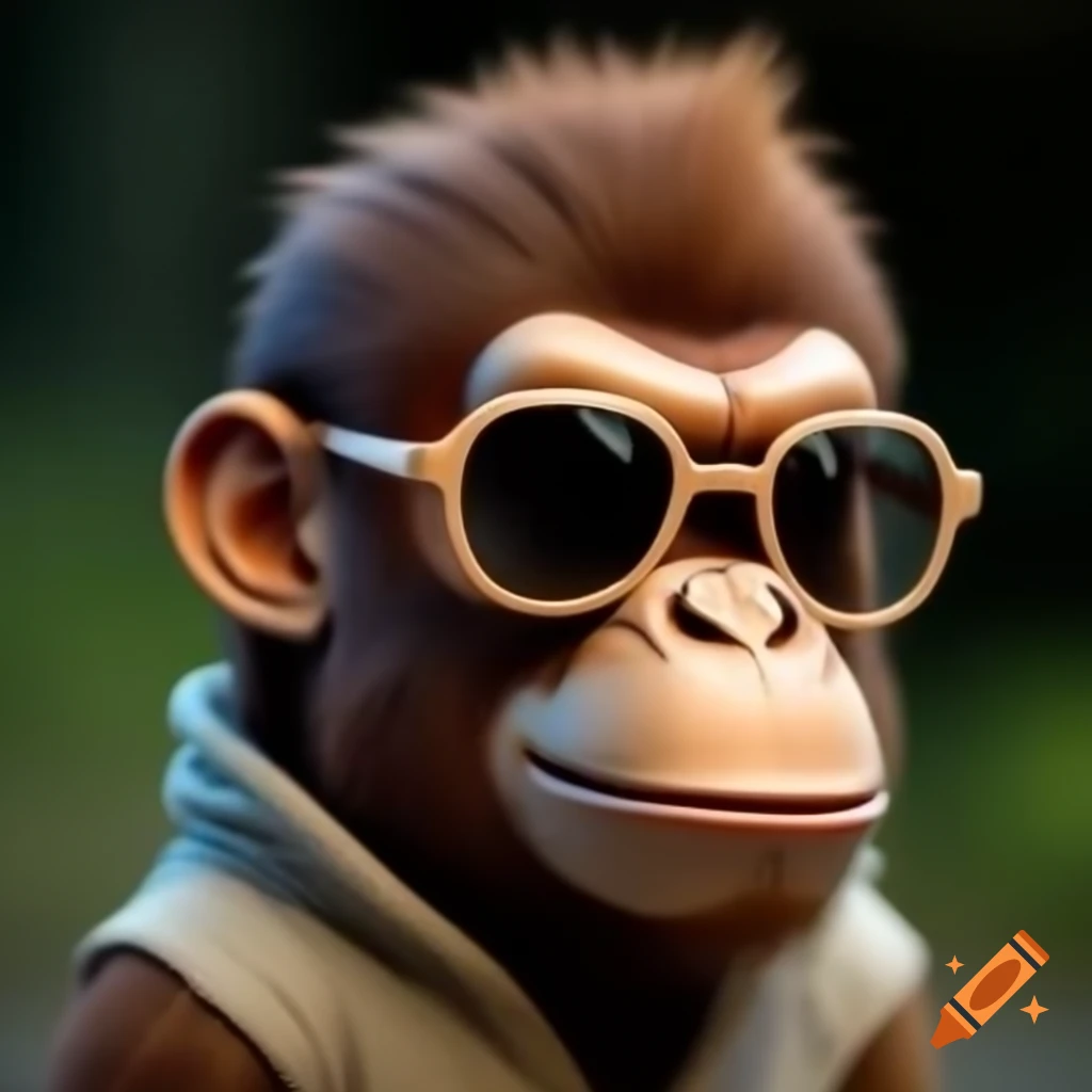 Tiny wood bark human in Donkey Kong mask and stylish sunglasses, realistic look