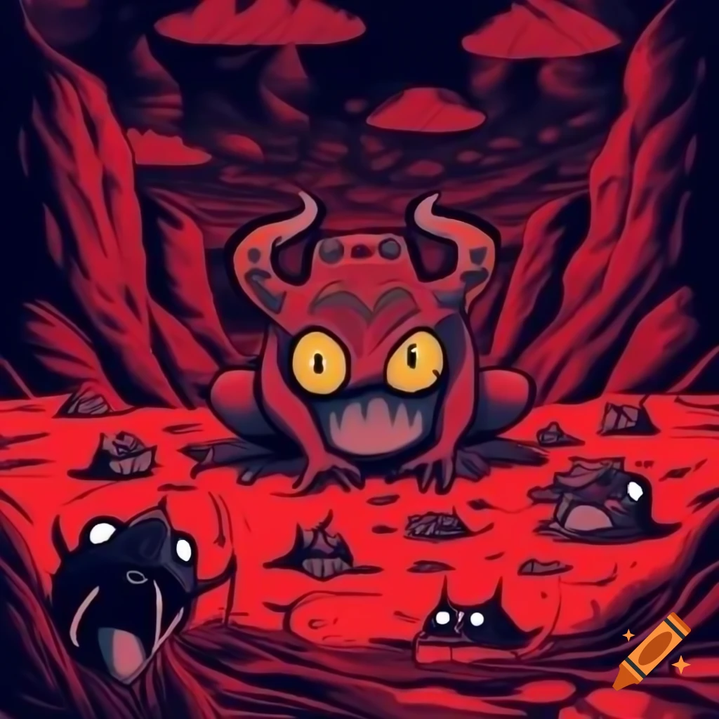Group of devil horned frogs in vibrant hell scenery, anime style