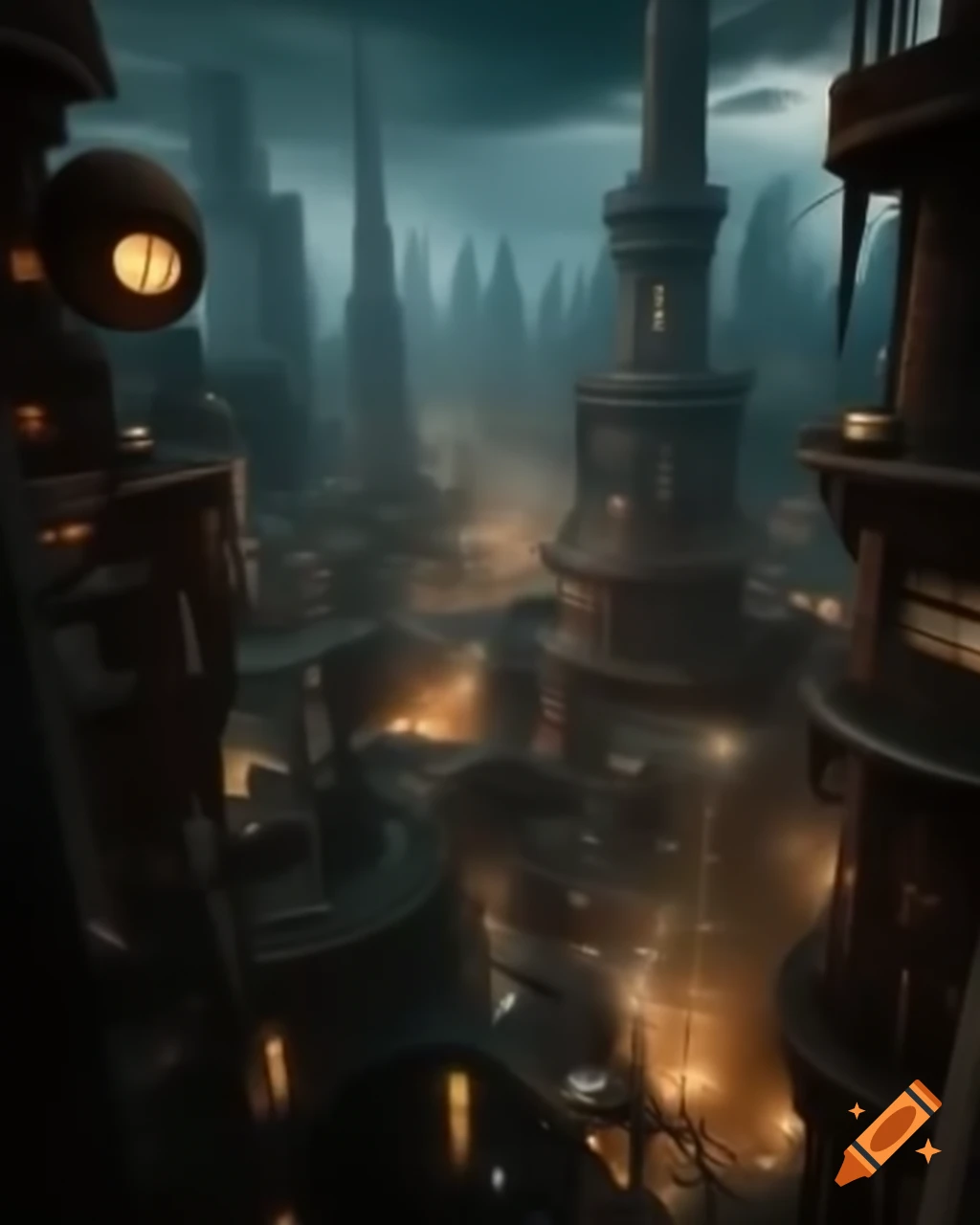 Grand cityscape with rusted skyscrapers and intricate clockwork machines